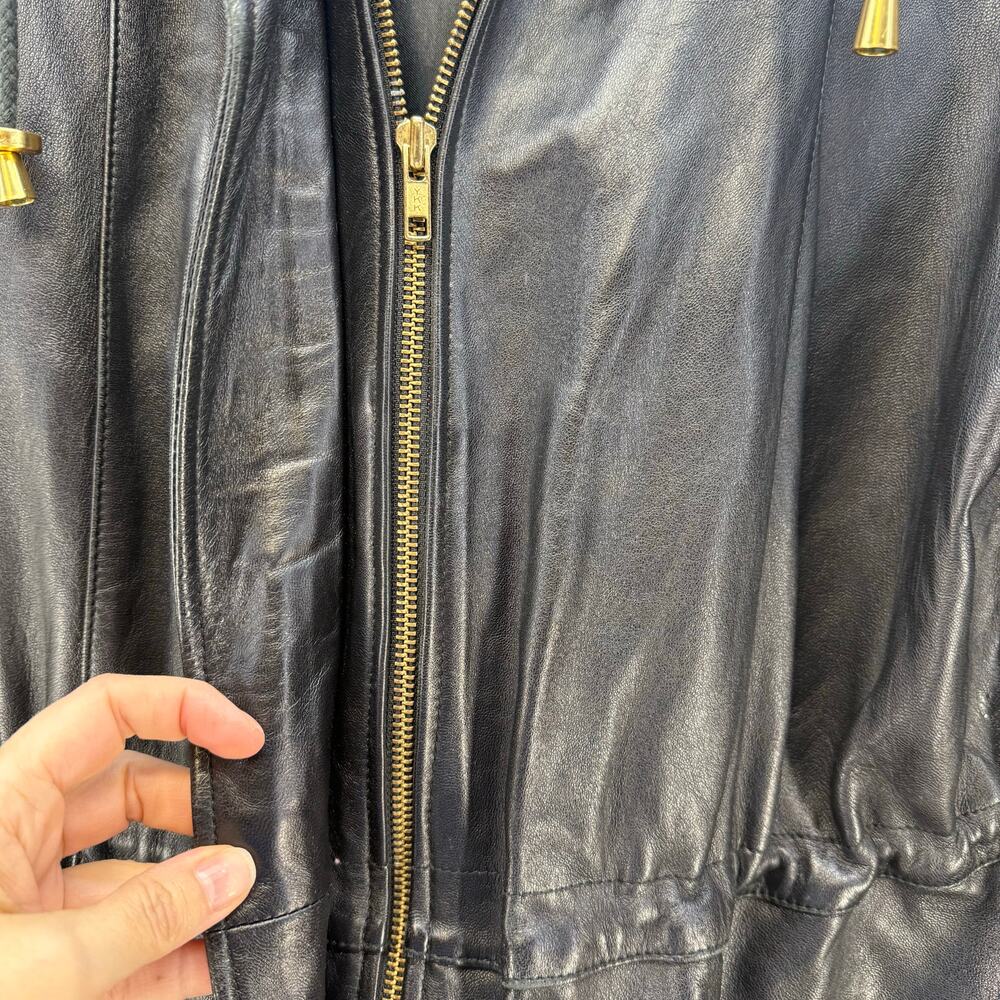 Worthington Leather Parka Women's L Black Lamb Skin Dyed Fox Fur Trim Hood EUC - Picture 14 of 14